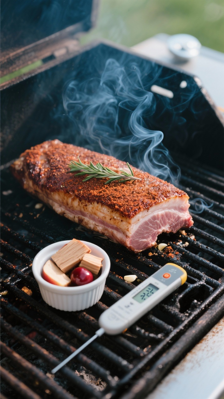Cooking process: Overhead shot of a pork loin on a smoker grate at steady 225–250°F, thin blue sm