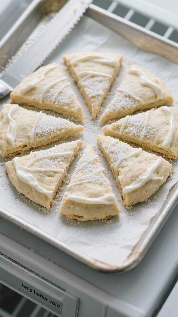 Cooking process: Overhead shot of a round of keto scone dough cut into 8 clean wedges and gently sep