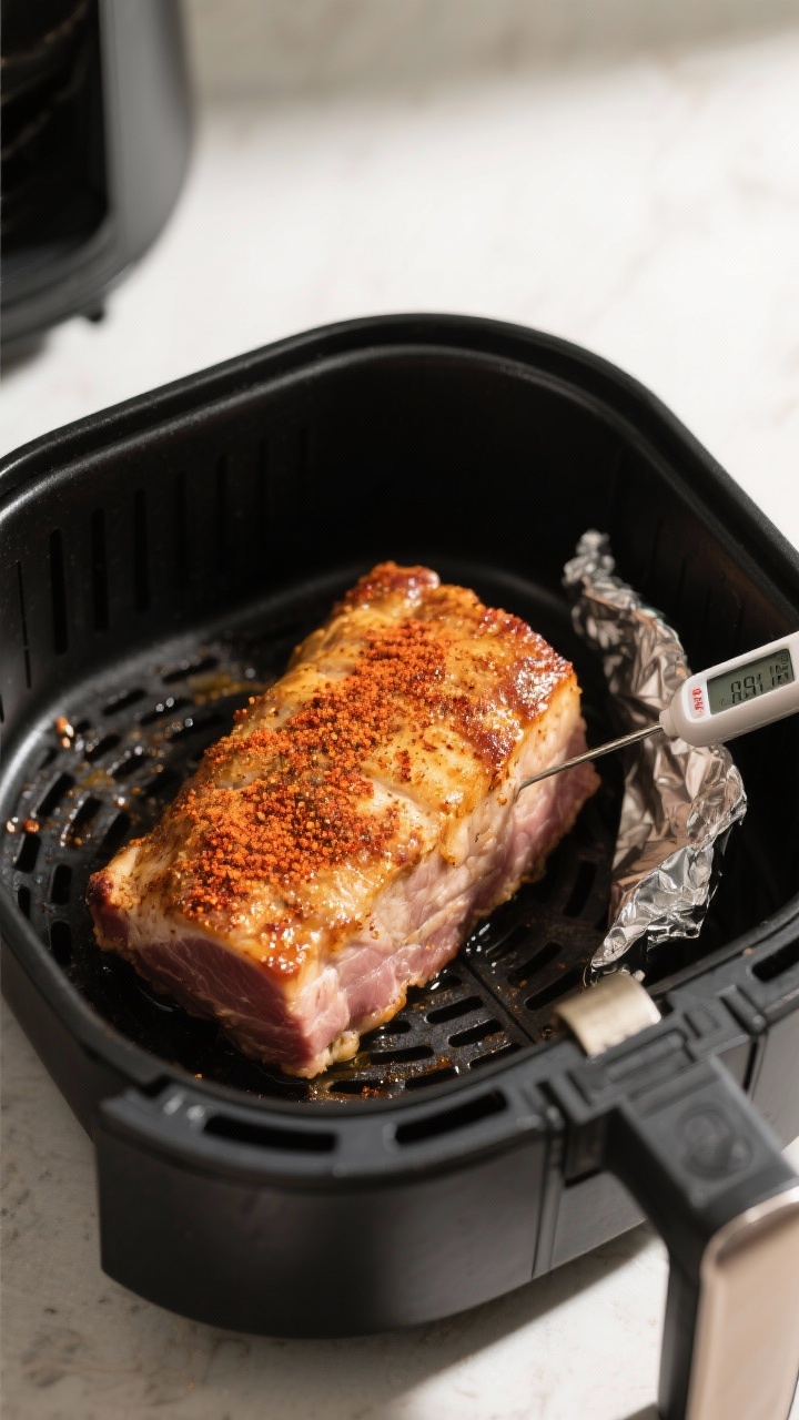 Cooking process: Overhead shot of a seasoned pork loin in an air fryer basket, fat cap up, halfway t