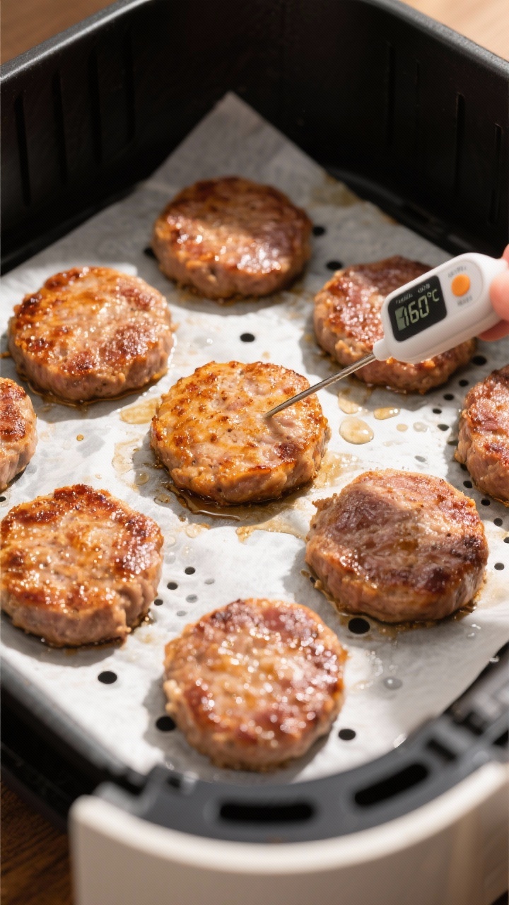 Cooking process: Overhead shot of a single layer of evenly spaced sausage patties in an air fryer mi