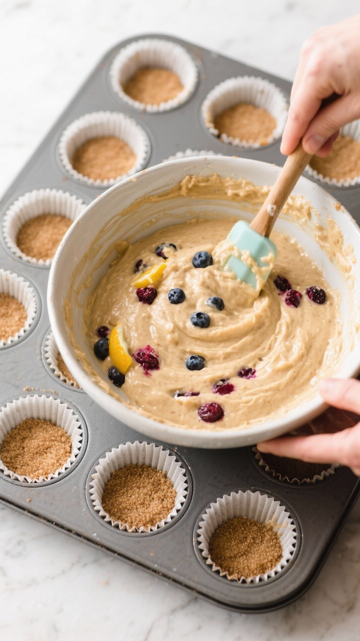 Cooking process: Overhead shot of a thick, just-mixed muffin batter being gently folded with a spatu