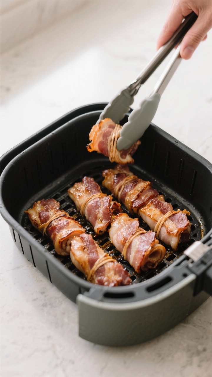 Cooking process: Overhead shot of an air fryer basket mid-cook at 390°F, neatly spaced bundles seam