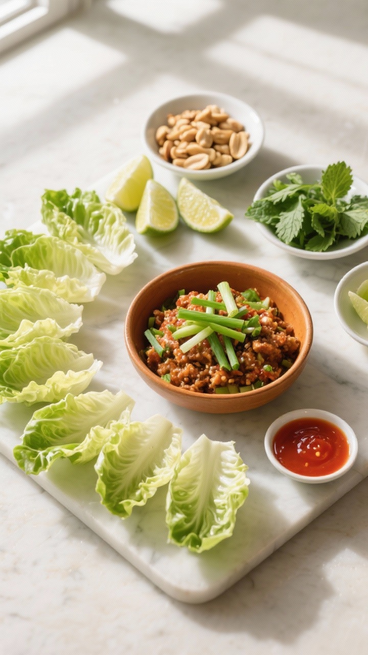 Cooking process: Overhead shot of “assemble-your-own” station with butter lettuce cups neatly fa