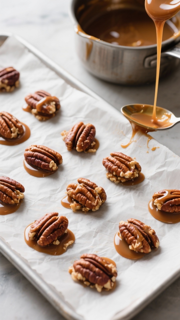 Cooking process: Overhead shot of assembled pecan clusters on a parchment-lined sheet as hot toffee