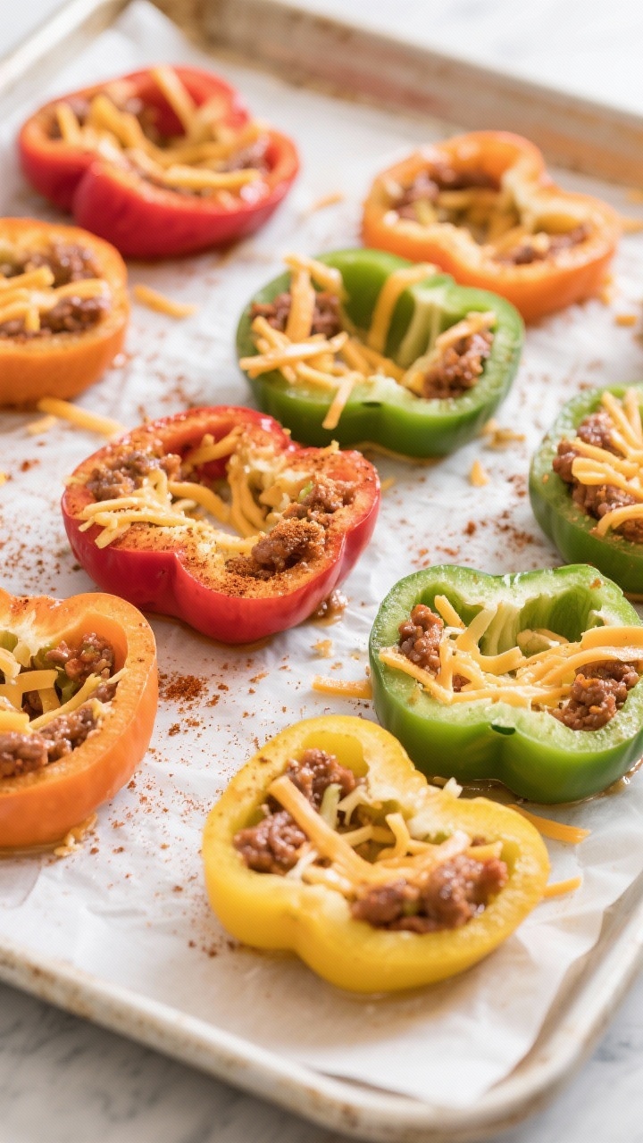 Cooking process: Overhead shot of assembled pepper rings on a parchment-lined sheet pan before bakin