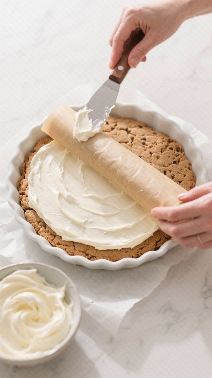 Cooking process: Overhead shot of assembly in progress—bottom cookie layer already pressed and chi