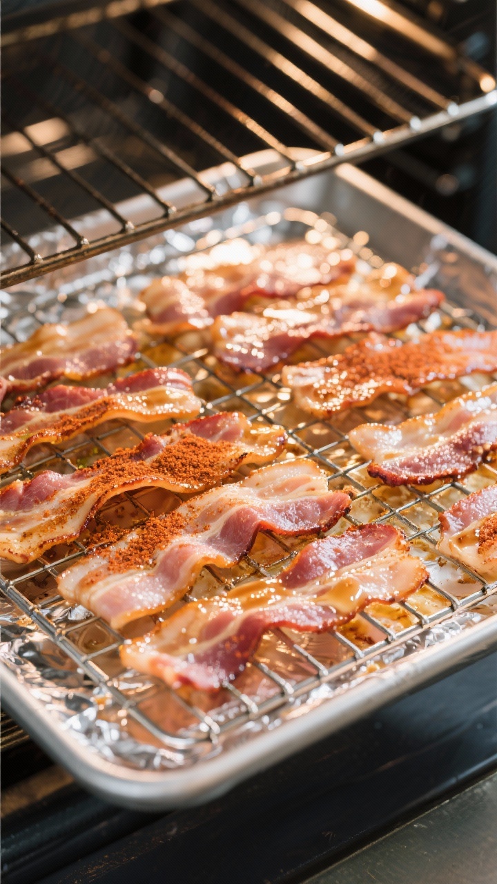 Cooking process: Overhead shot of bacon under the broiler on the upper oven rack, slices arranged in