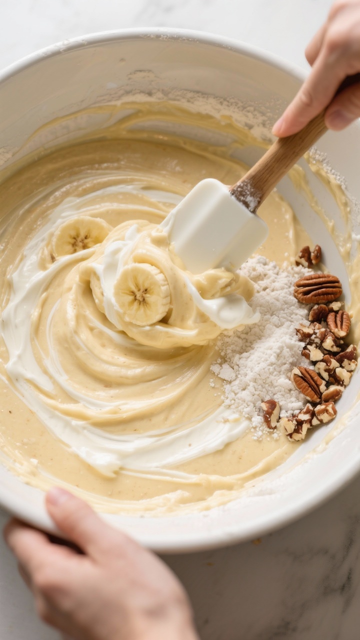 Cooking process: Overhead shot of banana cake batter being folded with a spatula in a large mixing b