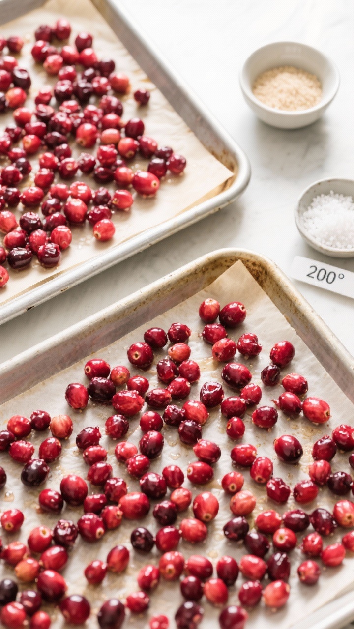 Cooking process: Overhead shot of blanched, sweetened cranberries being spread in a single layer on 