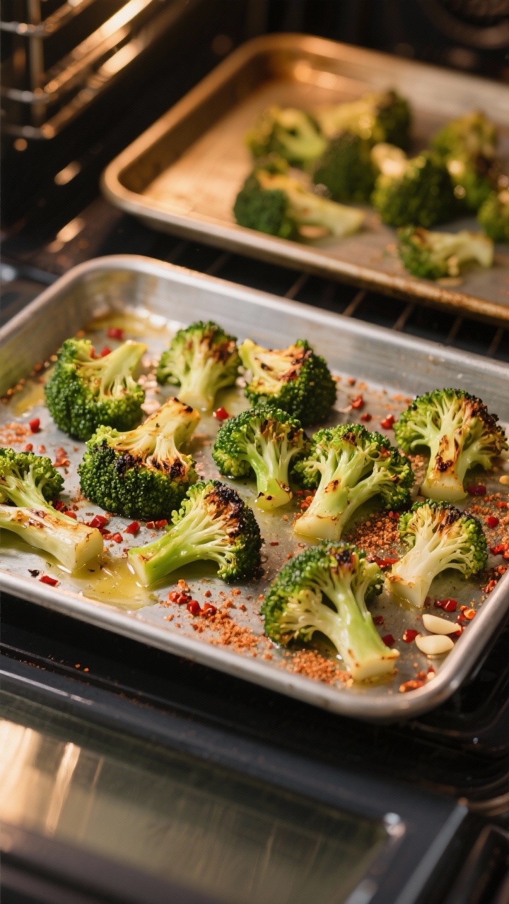 Cooking process: Overhead shot of broccoli arranged in a single layer on a rimmed sheet pan under a