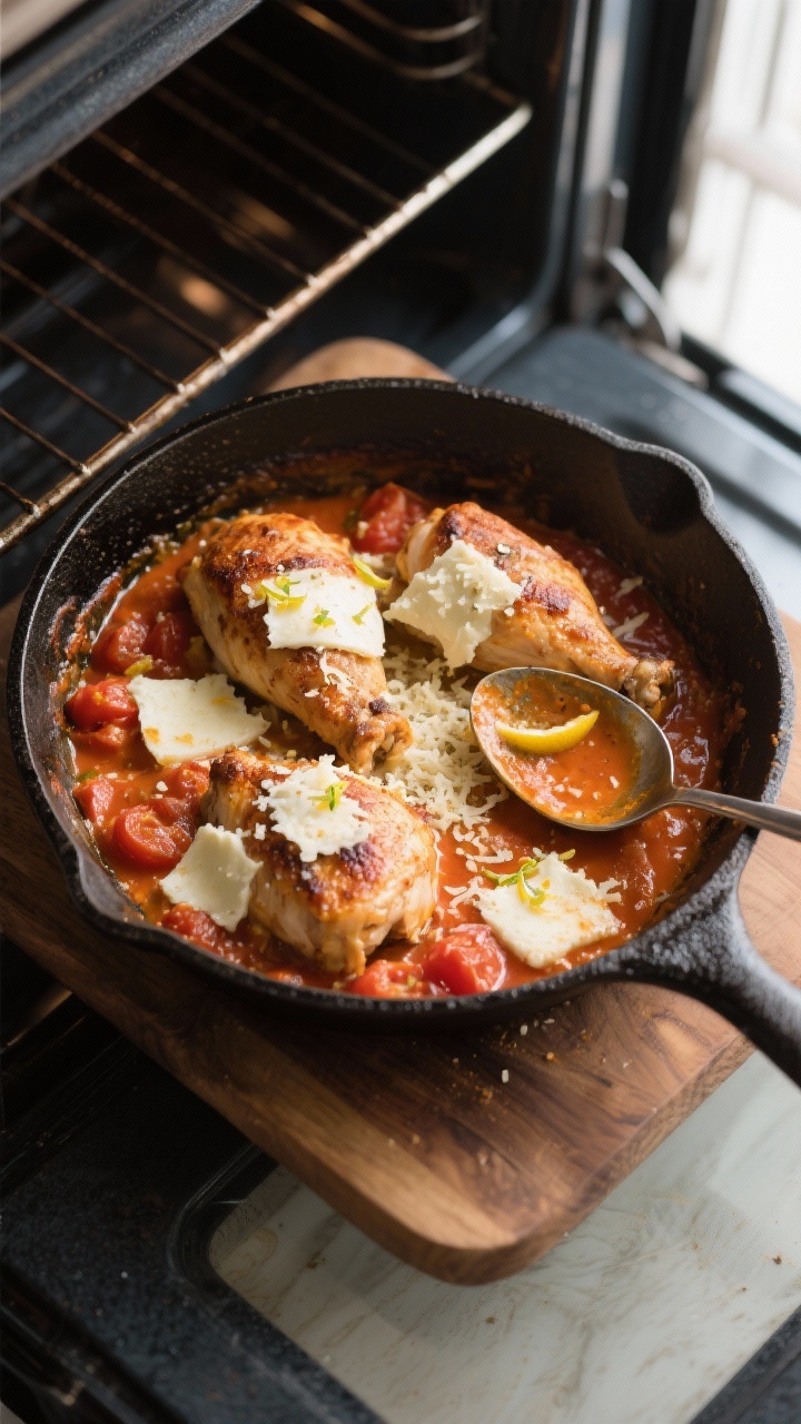 Cooking process: Overhead shot of chicken al forno mid-bake in an oven-safe skillet—crisped skin e