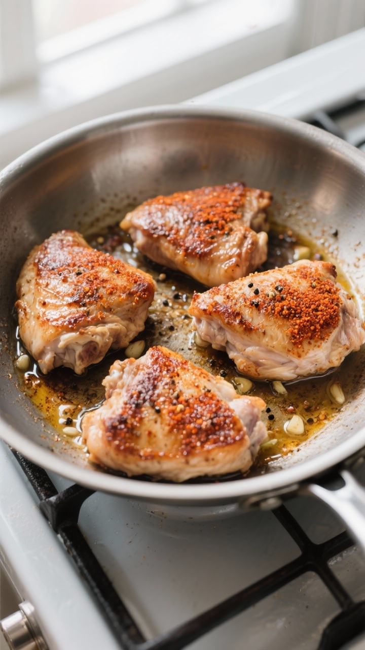Cooking process: Overhead shot of chicken thighs searing skin-side down in a heavy stainless or cast