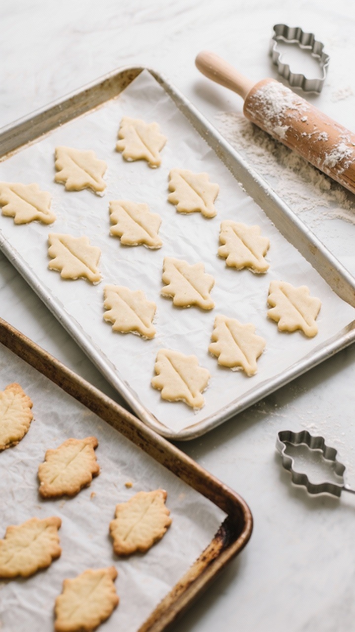 Cooking process: Overhead shot of chilled, cut cookie shapes on a parchment-lined baking sheet right