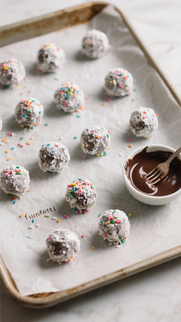 Cooking process: Overhead shot of chilled, pre-dip truffle balls arranged on a parchment-lined sheet
