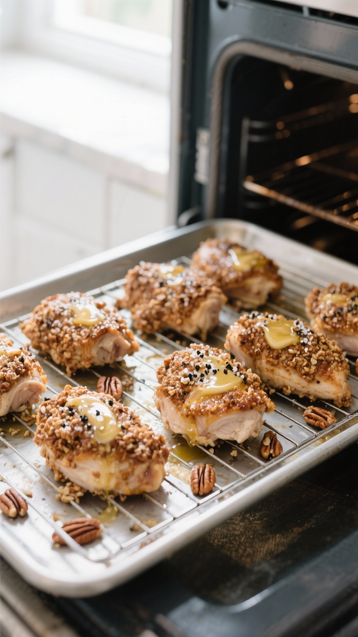 Cooking process: Overhead shot of coated chicken arranged on a rack-lined sheet pan before baking, e