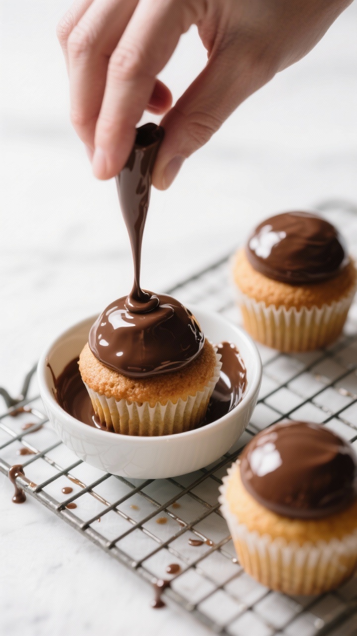 Cooking process: Overhead shot of cooled cupcakes being dipped into a warm, glossy semi-sweet chocol