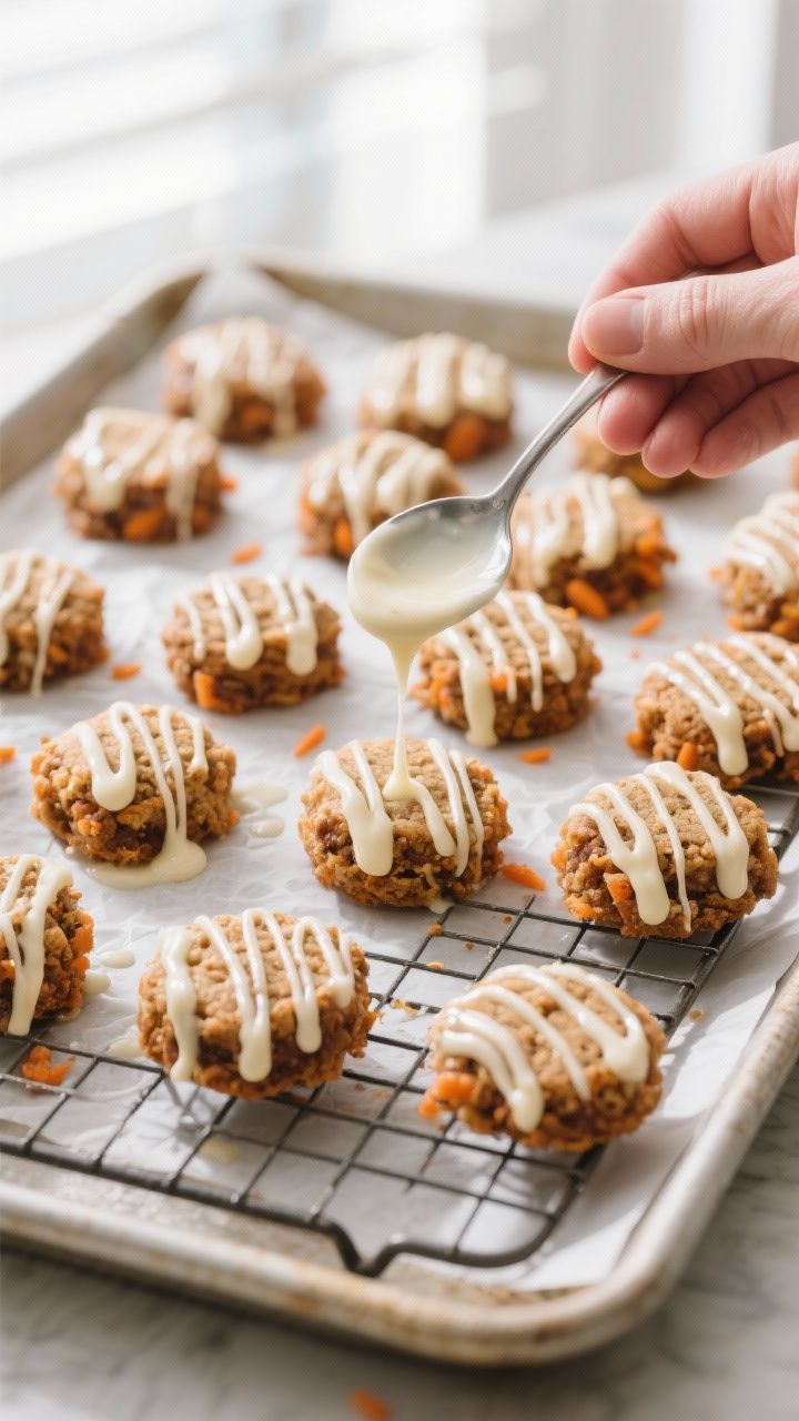 Cooking process: Overhead shot of cooled mini carrot cake cookie bites being drizzled with a thick b