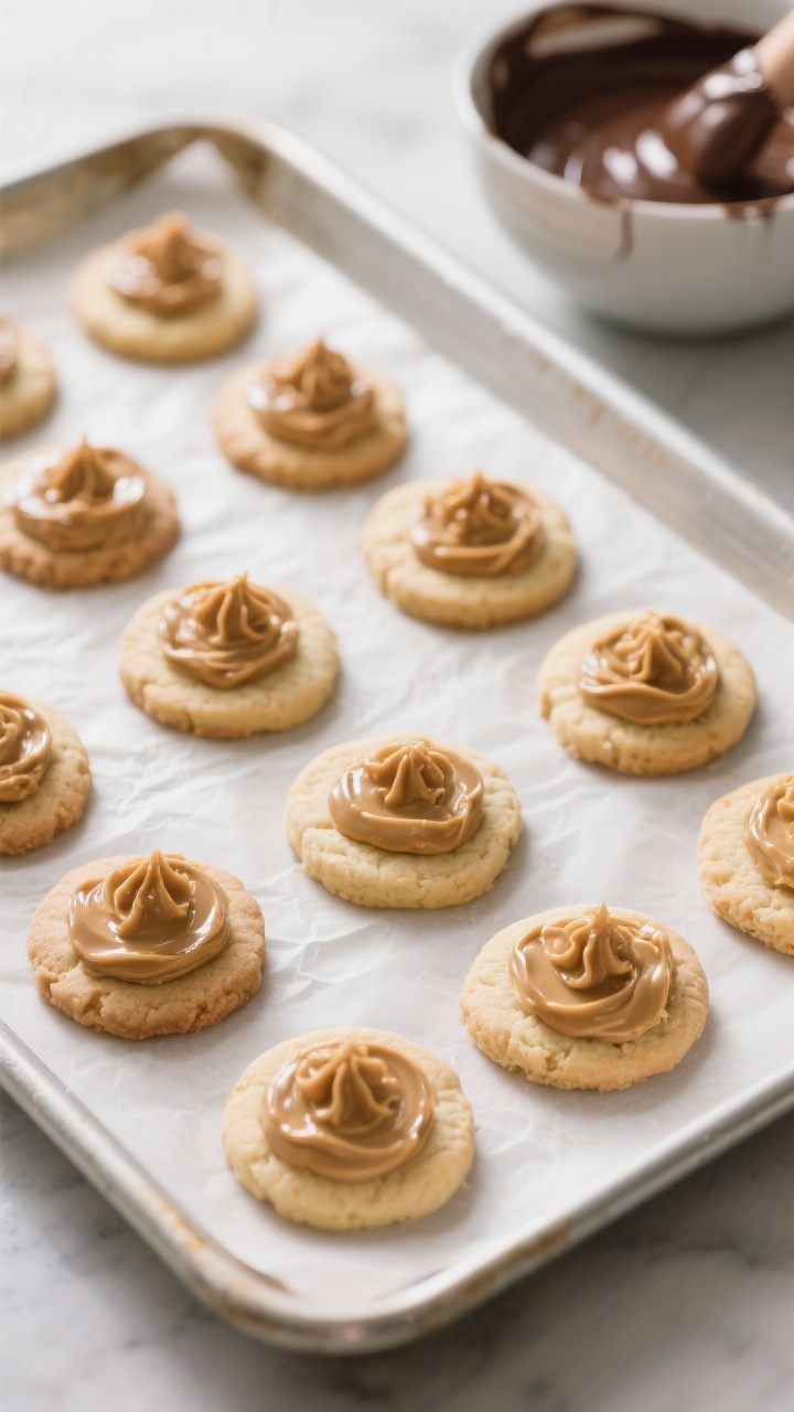 Cooking process: Overhead shot of cooled shortbread rounds neatly topped with smooth peanut butter m