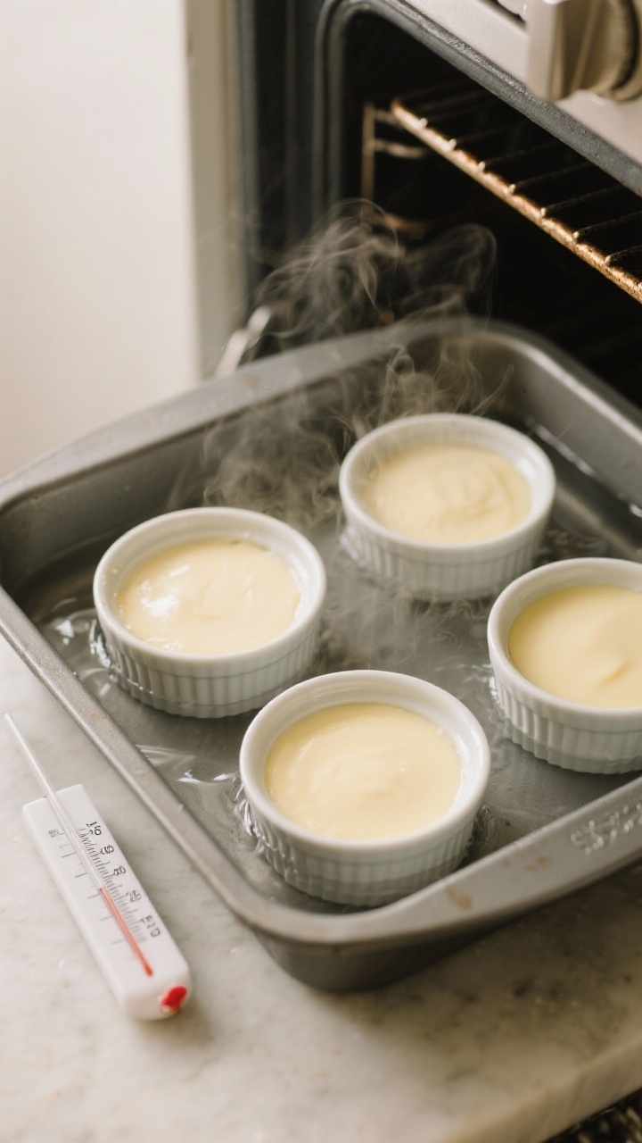 Cooking process: Overhead shot of custard-filled ramekins nestled in a deep baking dish during a wat