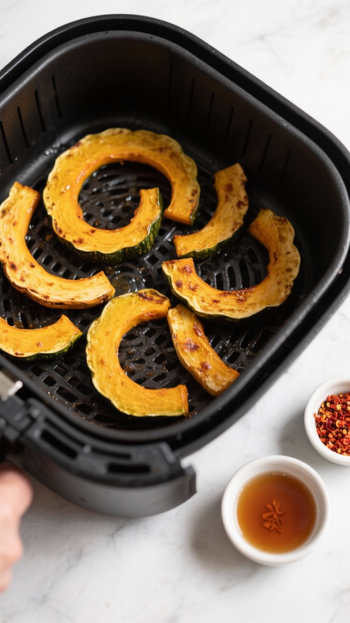 Cooking process: Overhead shot of delicata squash slices arranged in a single layer in an air fryer 
