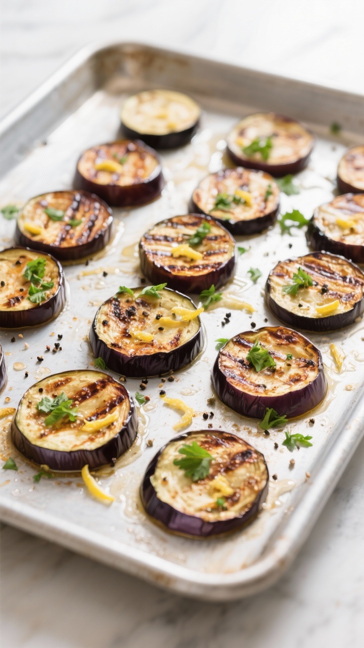Cooking process: Overhead shot of evenly spaced eggplant rounds roasting on a preheated sheet pan at