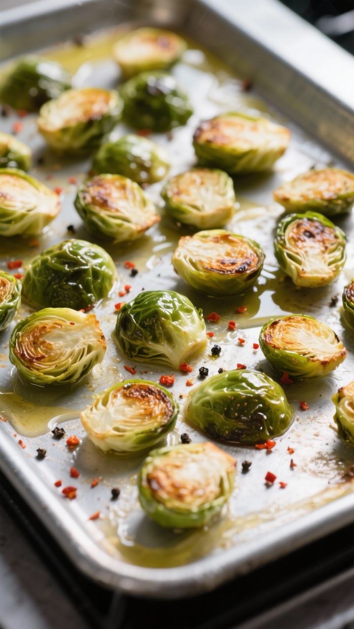 Cooking process: Overhead shot of halved Brussels sprouts arranged cut side down on a preheated meta