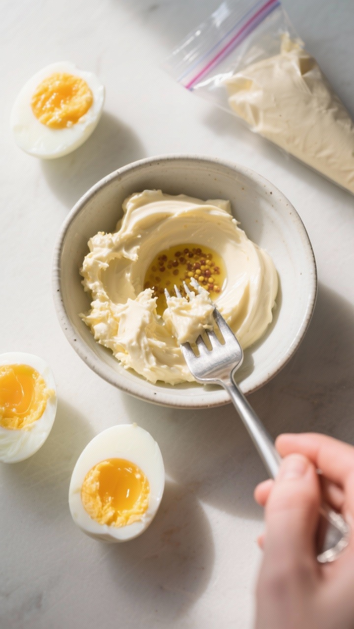 Cooking process: Overhead shot of halved hard-boiled eggs with neatly scooped yolks being mashed to 
