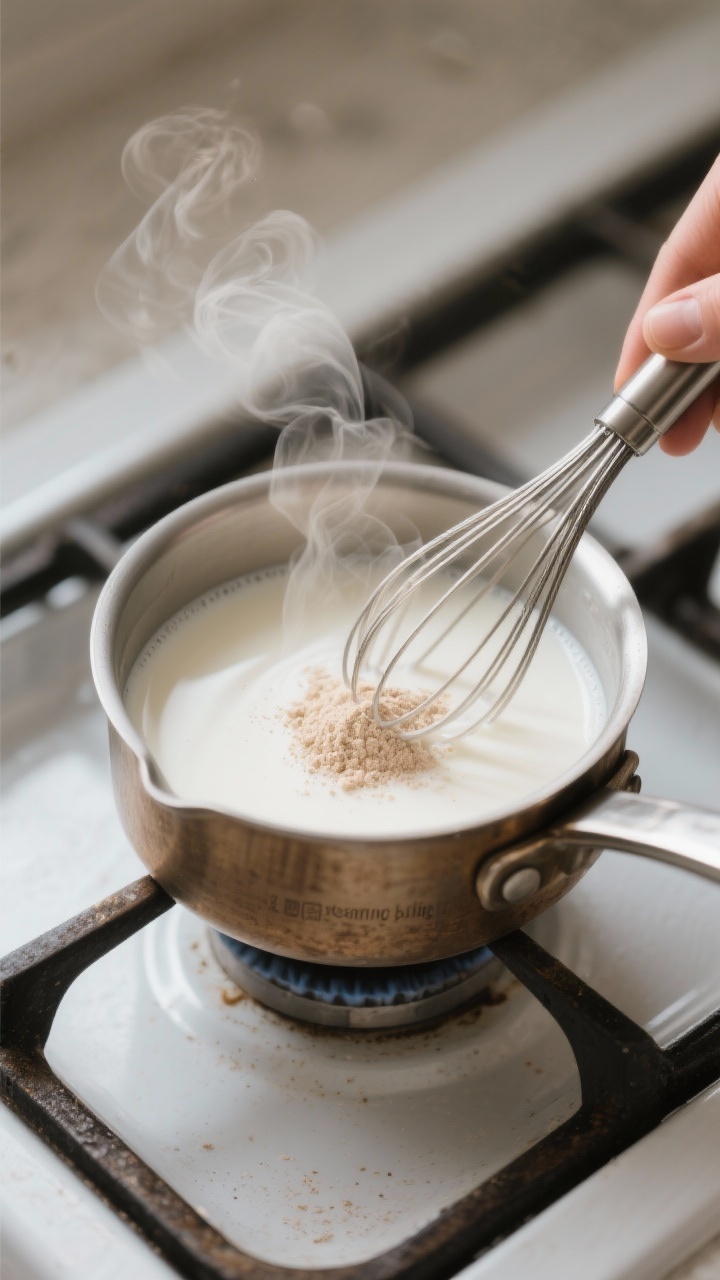 Cooking process: Overhead shot of hot milk in a small saucepan at the “steaming, not boiling” st