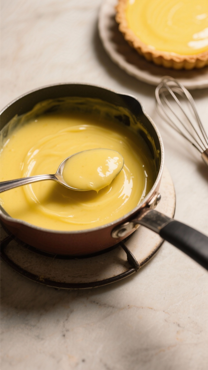 Cooking process: Overhead shot of lemon curd thickened and coating the back of a spoon, a clean fing