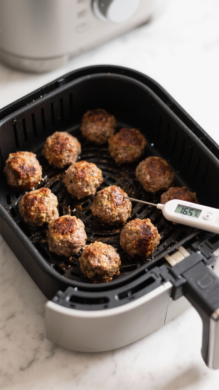Cooking process: Overhead shot of meatballs arranged in a single layer in the air fryer mid-cook, a