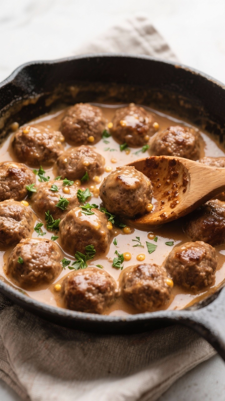 Cooking process: Overhead shot of meatballs simmering gently in a reduced beef-broth and heavy-cream