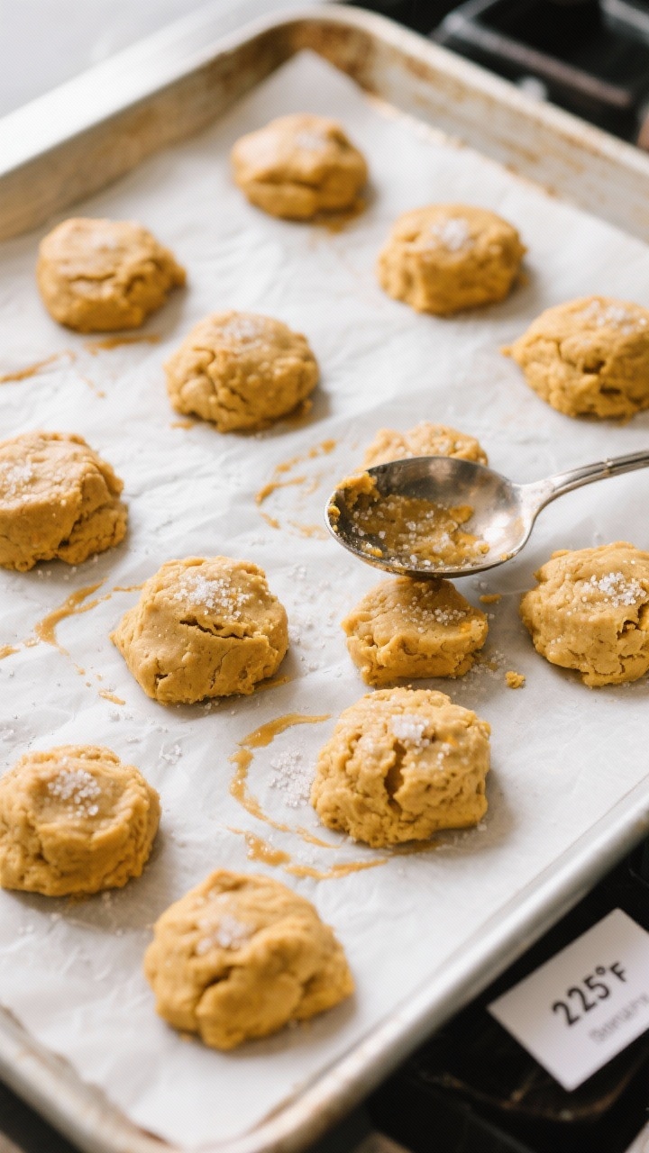 Cooking process: Overhead shot of mounds of pumpkin drop biscuit dough spaced on a parchment-lined b