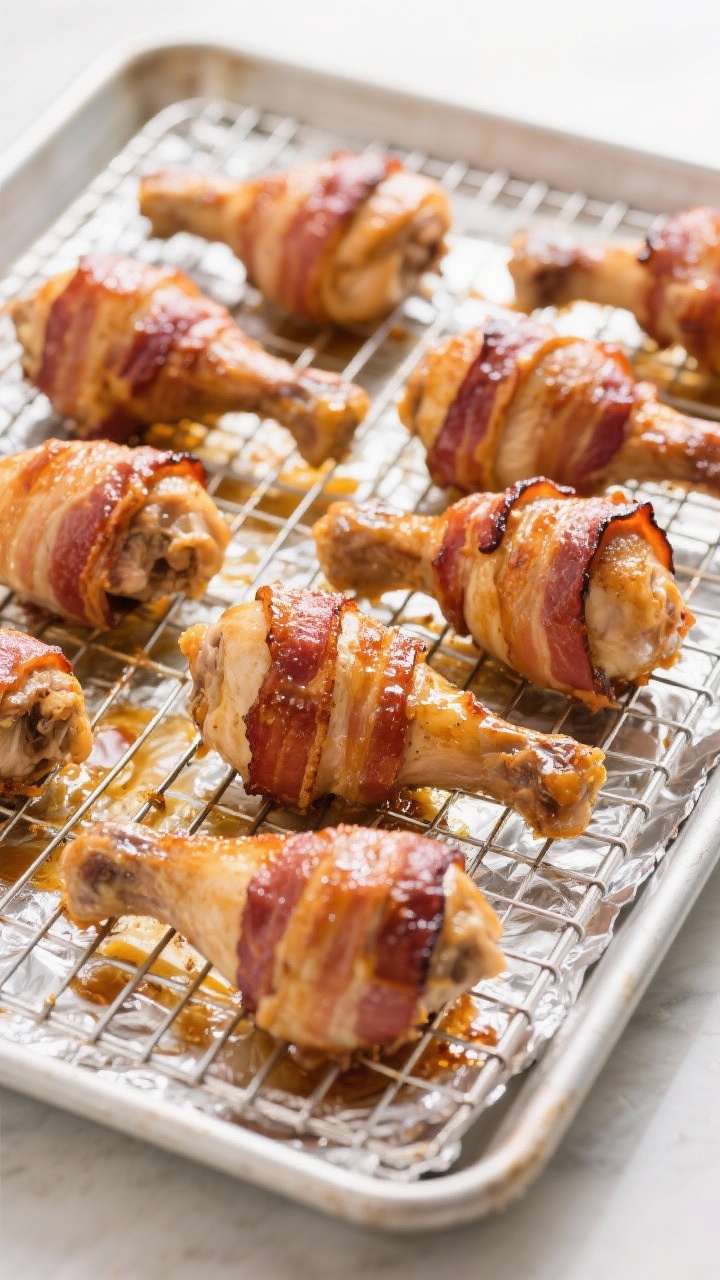 Cooking process: Overhead shot of multiple bacon-wrapped chicken legs arranged with space on a wire 