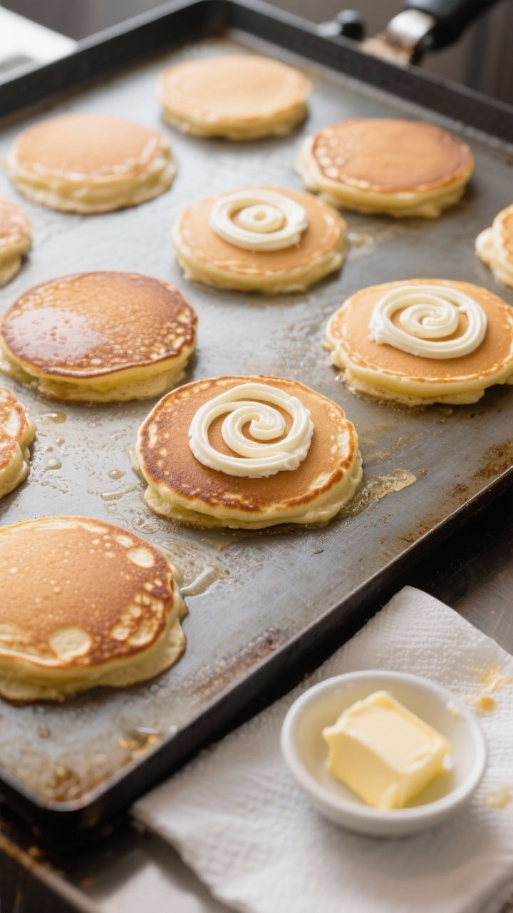 Cooking process: Overhead shot of multiple pancakes cooking on a flat griddle, each with a thin, nea