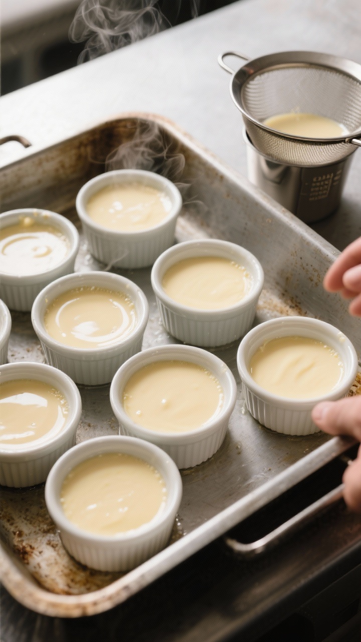 Cooking process: Overhead shot of multiple ramekins filled with silky custard nestled in a roasting 