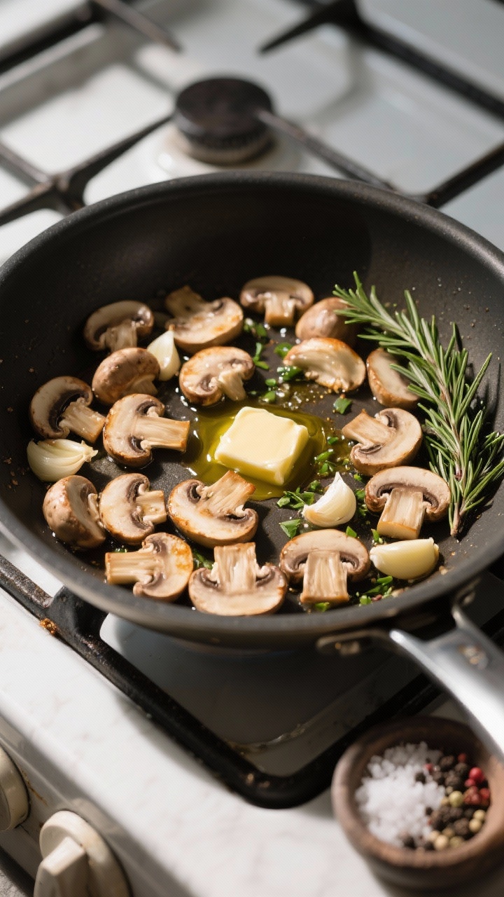 Cooking process: Overhead shot of mushrooms spread in a single layer in a large skillet, showing eve