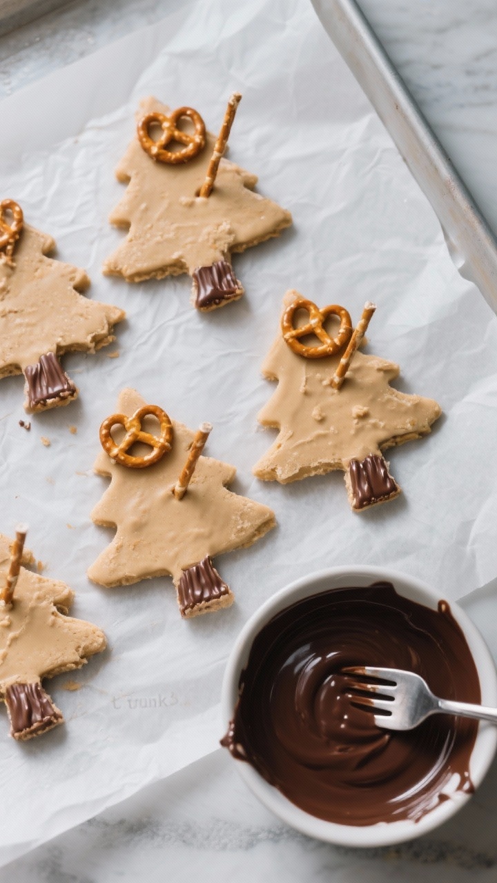 Cooking process: Overhead shot of neatly shaped, frozen peanut butter trees on parchment, each with 