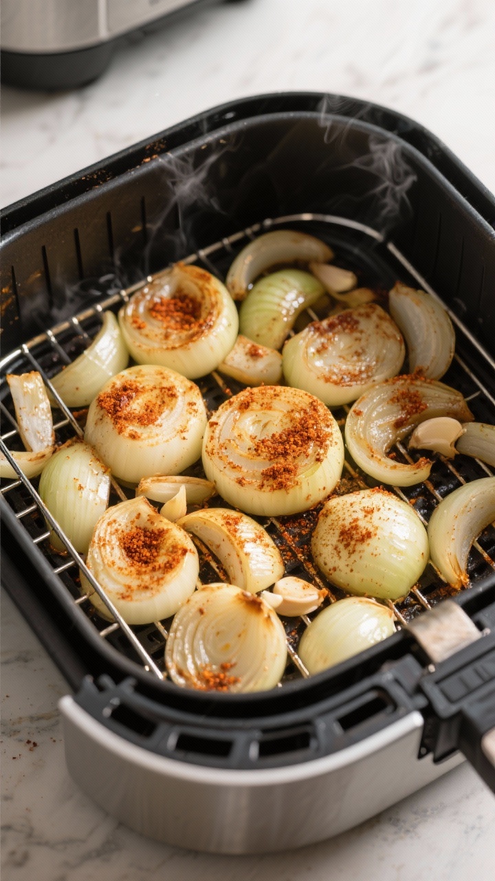 Cooking process: Overhead shot of onions mid-cook in an air fryer at 375°F, evenly spread in a sing