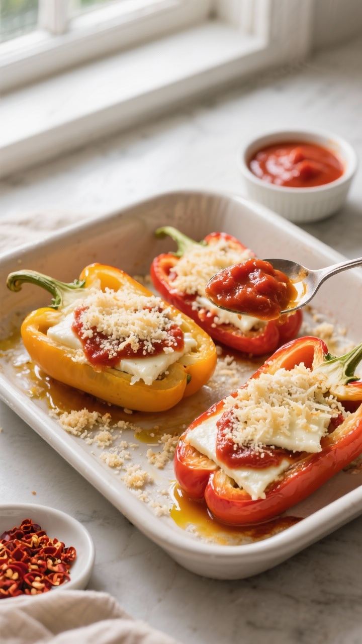Cooking process: Overhead shot of par-baked bell peppers in a lightly greased baking dish, already s