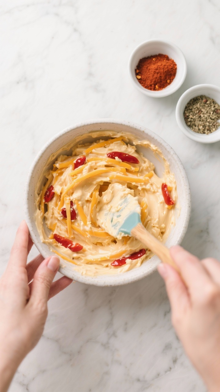 Cooking process: Overhead shot of pimento cheese being gently folded in a mixing bowl with a silicon