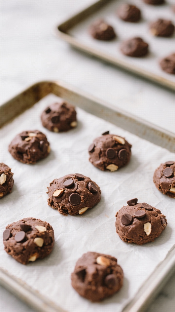 Cooking process: Overhead shot of portioned chocolate almond flour cookie dough mounds on parchment-