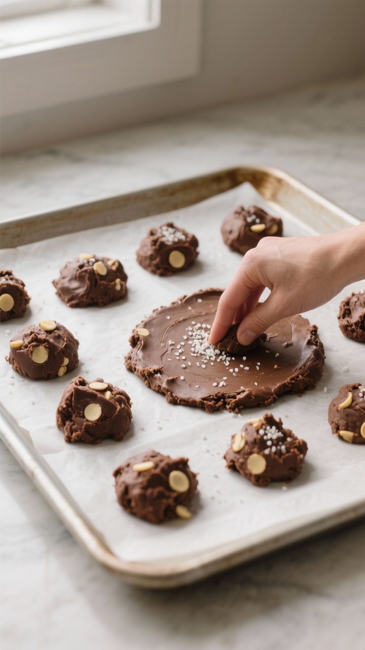 Cooking process: Overhead shot of portioned cookie dough being gently flattened to 1/2-inch thicknes