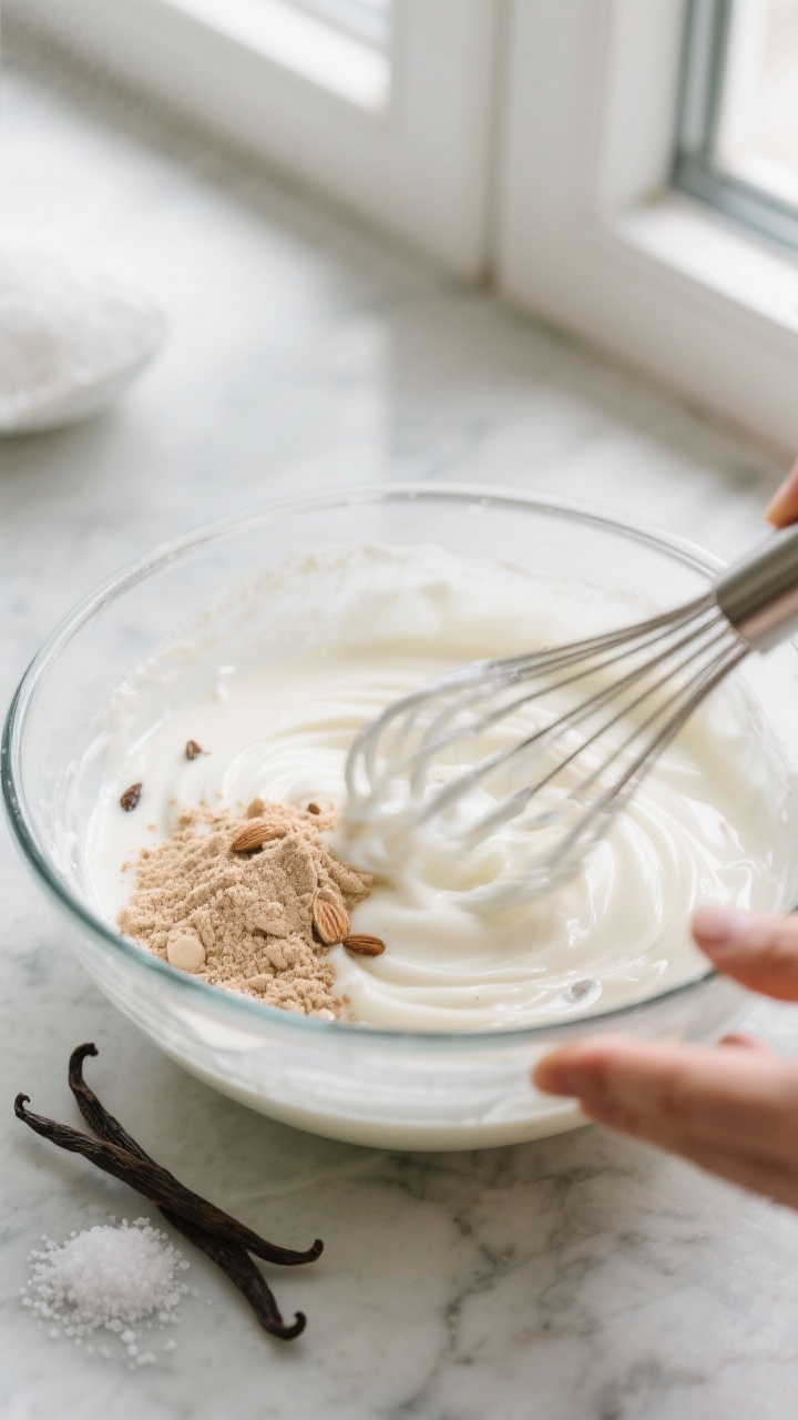 Cooking process: Overhead shot of protein pudding being blended in a clear mixing bowl—cold almond