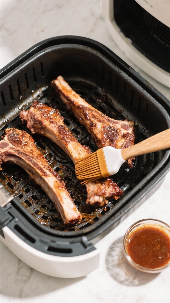 Cooking process: Overhead shot of rib sections in an air fryer basket at the end of the 300°F low-a