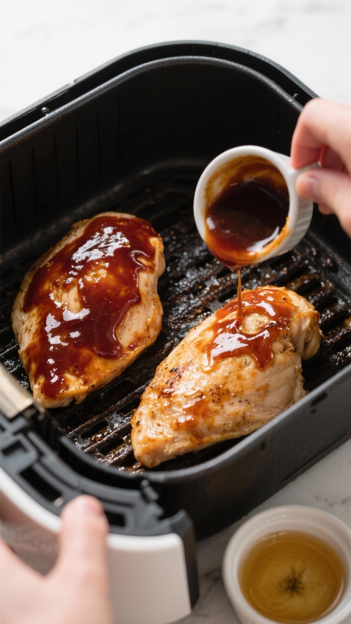 Cooking process: Overhead shot of saucing and flipping stage inside the air fryer at 375°F—two ev