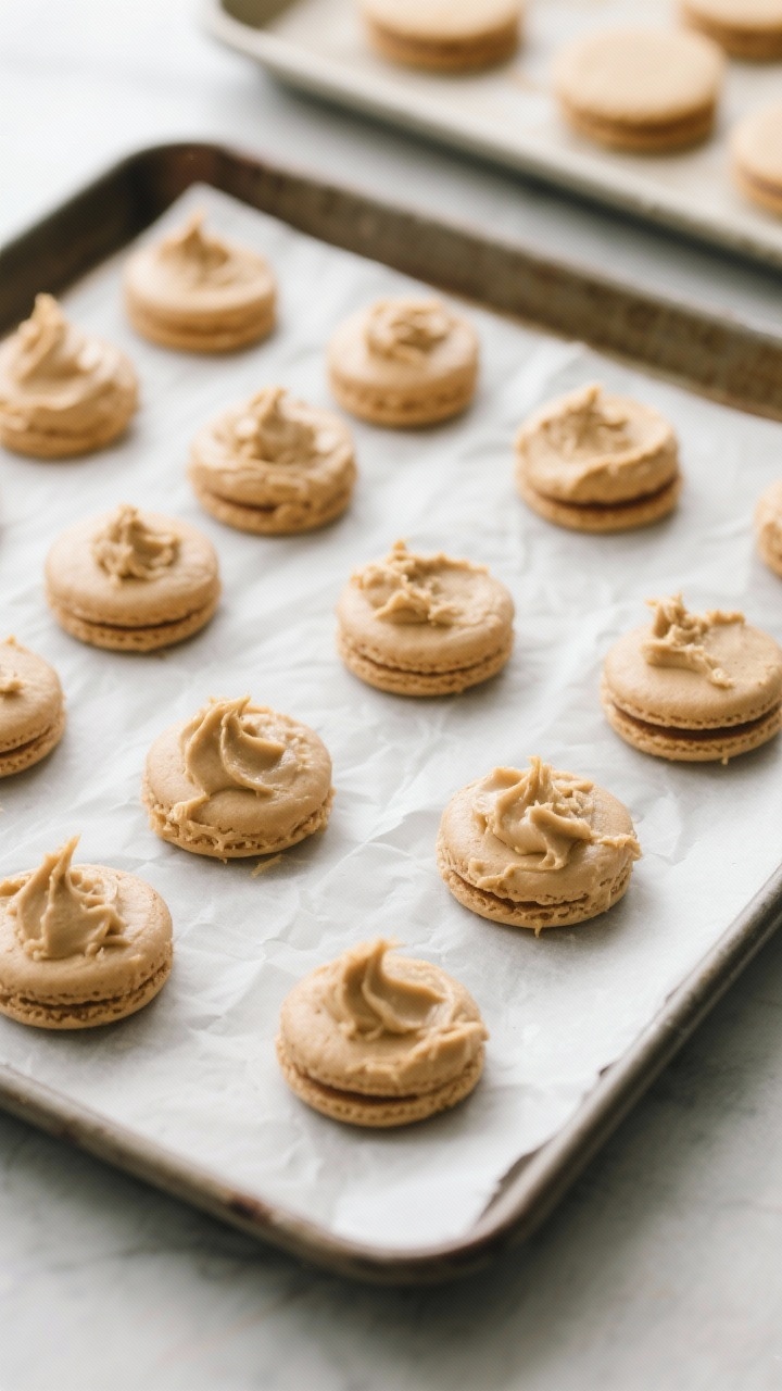 Cooking process: Overhead shot of scooped, evenly spaced mounds of peanut butter whoopie pie batter 