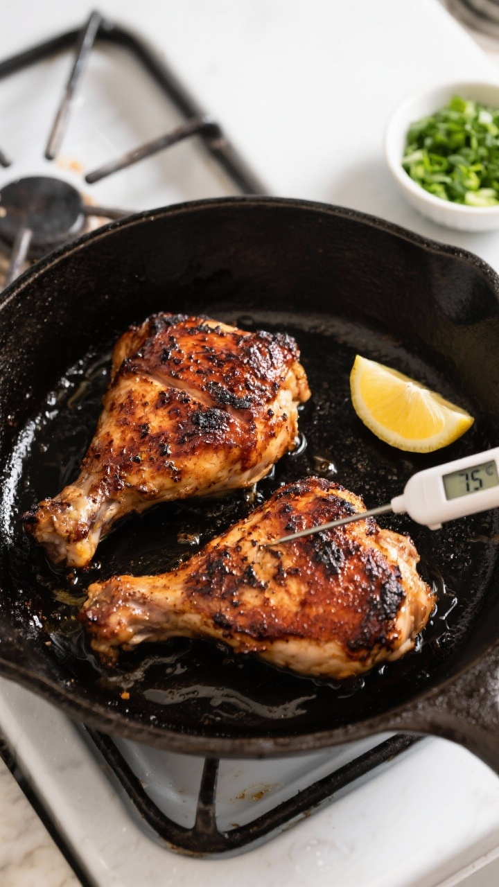 Cooking process: Overhead shot of seared blackened chicken thighs just after flipping in a cast-iron