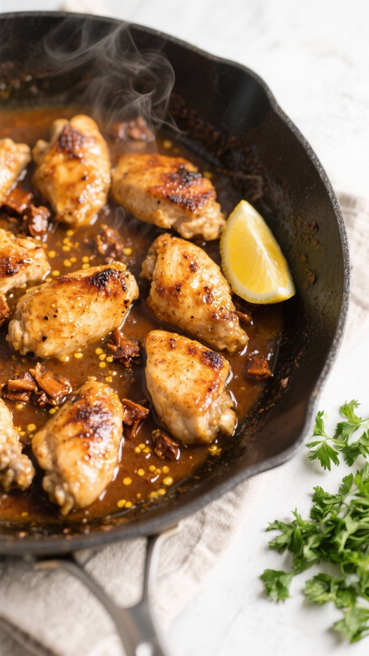 Cooking process: Overhead shot of seared chicken pieces nestled back into the skillet as the maple-m