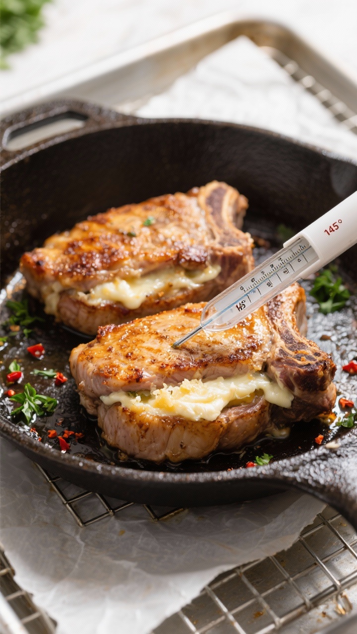 Cooking process: Overhead shot of seared stuffed pork chops finishing in the oven-safe skillet, ther