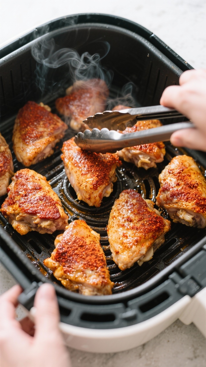Cooking process: Overhead shot of seasoned chicken thighs arranged in a single layer in a preheated 